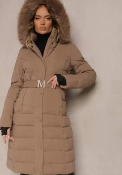 Ciemnobeżowa Kurtka z Odpinanym Futerkiem Taliowana o Długim Fasonie Delavira