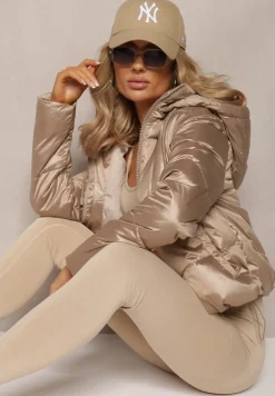 Ciemnobeżowa Kurtka z Pikowaniem i Troczkiem w Talii oraz Kapturem Aielera