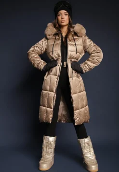 Ciemnobeżowa Kurtka z Pikowanymi Przeszyciami Ściągaczem w Talii i Kapturem z Odpinanym Futrem Ravalin