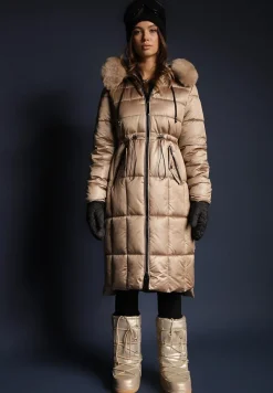 Ciemnobeżowa Kurtka z Pikowanymi Przeszyciami Ściągaczem w Talii i Kapturem z Odpinanym Futrem Ravalin