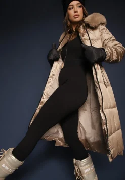 Ciemnobeżowa Kurtka z Pikowanymi Przeszyciami Ściągaczem w Talii i Kapturem z Odpinanym Futrem Ravalin