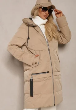 Ciemnobeżowa Kurtka z Pikowaniem o Prostym Fasonie z Kapturem Kieszeniami i Ozdobnym Suwakiem Mirimae