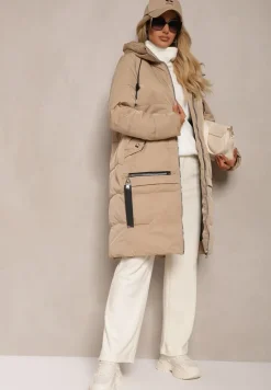 Ciemnobeżowa Kurtka z Pikowaniem o Prostym Fasonie z Kapturem Kieszeniami i Ozdobnym Suwakiem Mirimae