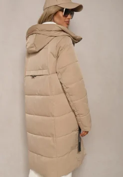 Ciemnobeżowa Kurtka z Pikowaniem o Prostym Fasonie z Kapturem Kieszeniami i Ozdobnym Suwakiem Mirimae