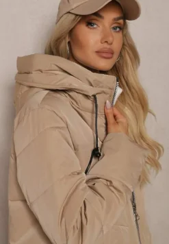 Ciemnobeżowa Kurtka z Pikowaniem o Prostym Fasonie z Kapturem Kieszeniami i Ozdobnym Suwakiem Mirimae