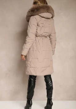 Ciemnobeżowa Kurtka z Pikowanymi Przeszyciami i Kapturem z Futerkiem Wiązana w Pasie Attelisse