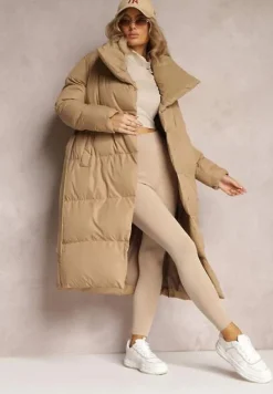 Ciemnobeżowa Kurtka z Wysokim Kołnierzem Zapinana na Napy z Paskiem Luliriva