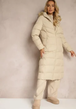 Ciemnobeżowa Kurtka Zimowa z Pikowanymi Przeszyciami i Kapturem z Futrem Alirina