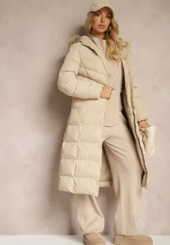 Ciemnobeżowa Kurtka Zimowa z Pikowanymi Przeszyciami i Kapturem z Futrem Alirina