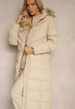 Ciemnobeżowa Kurtka Zimowa z Pikowanymi Przeszyciami i Kapturem z Futrem Alirina