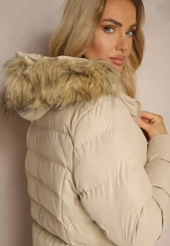 Ciemnobeżowa Kurtka Zimowa z Pikowanymi Przeszyciami i Kapturem z Futrem Alirina