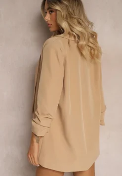 Ciemnobeżowa Marynarka Niezapinana z Marszczonymi Rękawami Orolea