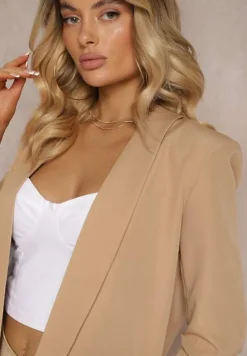 Ciemnobeżowa Marynarka Niezapinana z Marszczonymi Rękawami Orolea