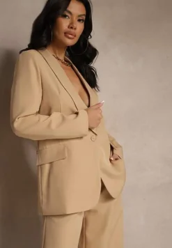 Ciemnobeżowa Marynarka z Ozdobną Imitacją Kieszeni Nilzedi