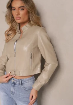 Ciemnobeżowa Motocyklowa Kurtka o Kroju Ramoneski z Klamerką Zollia