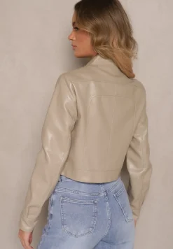 Ciemnobeżowa Motocyklowa Kurtka o Kroju Ramoneski z Klamerką Zollia