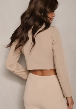 Ciemnobeżowa Nowoczesna Marynarka o Jednorzędowym Fasonie z Poduszkami w Ramionach Selisaria