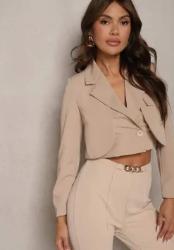 Ciemnobeżowa Nowoczesna Marynarka o Jednorzędowym Fasonie z Poduszkami w Ramionach Selisaria