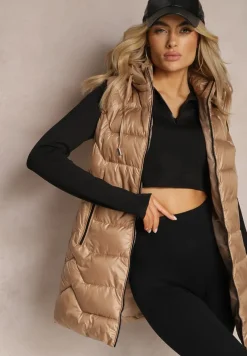 Ciemnobeżowa Pikowana Kamizelka Długa z Kapturem Odpinanym Raelliana