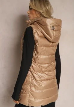 Ciemnobeżowa Pikowana Kamizelka Długa z Kapturem Odpinanym Raelliana