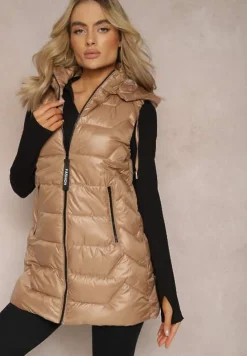 Ciemnobeżowa Pikowana Kamizelka Długa z Kapturem Odpinanym Raelliana