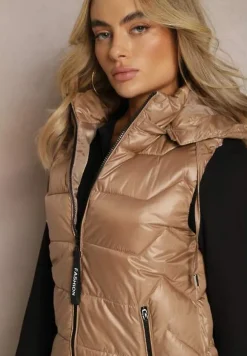 Ciemnobeżowa Pikowana Kamizelka Długa z Kapturem Odpinanym Raelliana