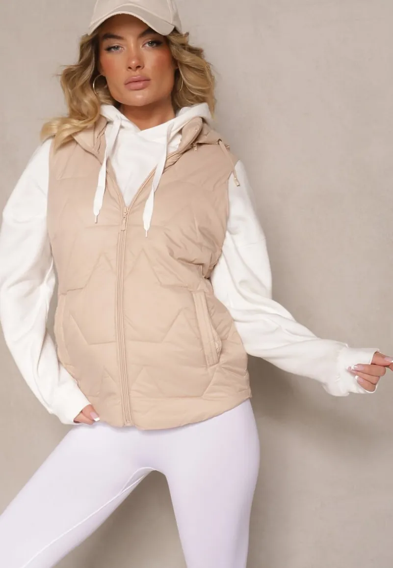 Ciemnobeżowa Pikowana Kamizelka z Odpinanym Kapturem Falidi