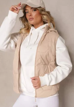 Ciemnobeżowa Pikowana Kamizelka z Odpinanym Kapturem Falidi