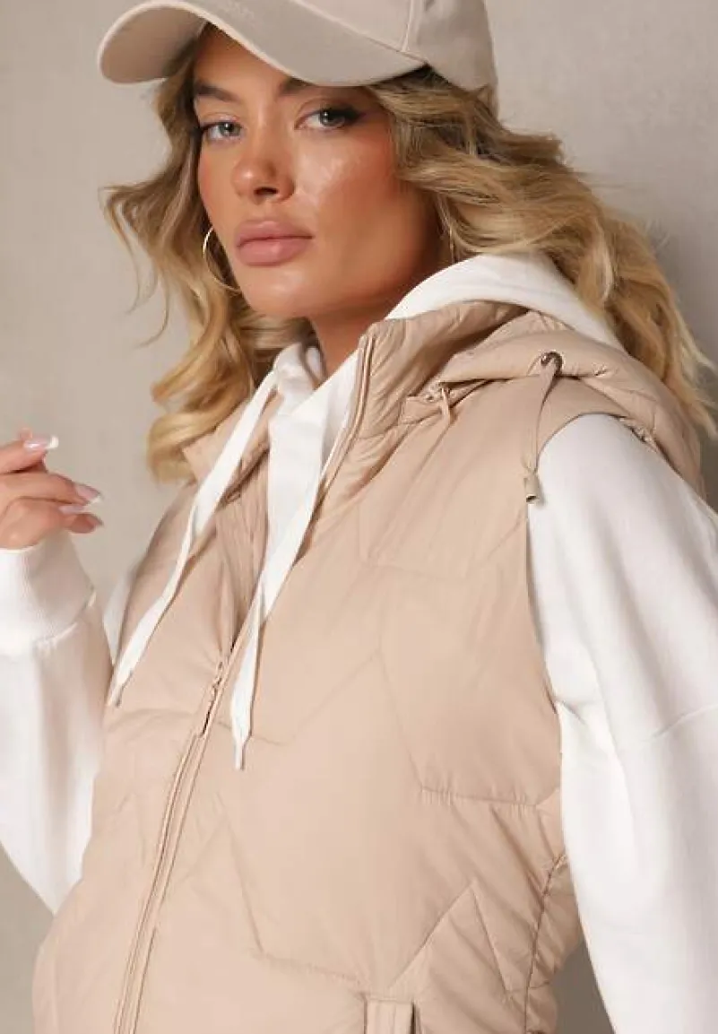 Ciemnobeżowa Pikowana Kamizelka z Odpinanym Kapturem Falidi