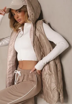 Ciemnobeżowa Pikowana Kamizelka o Długim Kroju z Ozdobnymi Suwakami Desalith