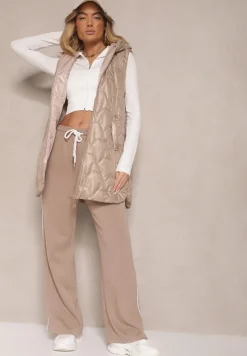 Ciemnobeżowa Pikowana Kamizelka o Długim Kroju z Ozdobnymi Suwakami Desalith