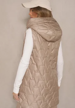 Ciemnobeżowa Pikowana Kamizelka o Długim Kroju z Ozdobnymi Suwakami Desalith