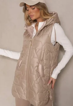 Ciemnobeżowa Pikowana Kamizelka o Długim Kroju z Ozdobnymi Suwakami Desalith