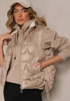 Ciemnobeżowa Pikowana Kamizelka z Bocznymi Ściągaczami i Stójką Teliora