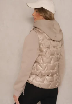 Ciemnobeżowa Pikowana Kamizelka z Bocznymi Ściągaczami i Stójką Teliora