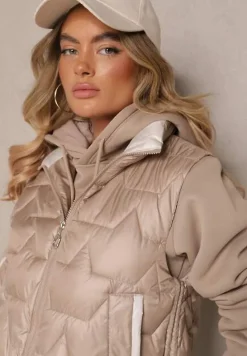 Ciemnobeżowa Pikowana Kamizelka z Bocznymi Ściągaczami i Stójką Teliora