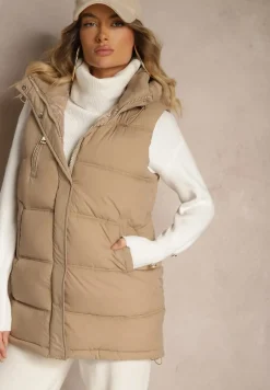 Ciemnobeżowa Pikowana Kamizelka z Kapturem i Ozdobnym Suwakiem Tomtalisa