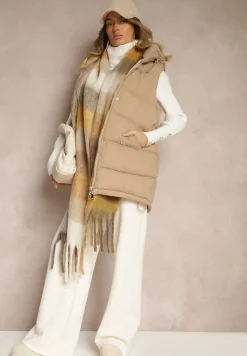 Ciemnobeżowa Pikowana Kamizelka z Kapturem i Ozdobnym Suwakiem Tomtalisa