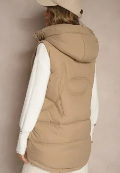 Ciemnobeżowa Pikowana Kamizelka z Kapturem i Ozdobnym Suwakiem Tomtalisa