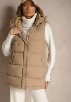 Ciemnobeżowa Pikowana Kamizelka z Kapturem i Ozdobnym Suwakiem Tomtalisa