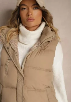 Ciemnobeżowa Pikowana Kamizelka z Kapturem i Ozdobnym Suwakiem Tomtalisa