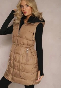 Ciemnobeżowa Pikowana Kamizelka Dwustronna z Troczkiem w Pasie o Wydłużonym Fasonie Selinorda