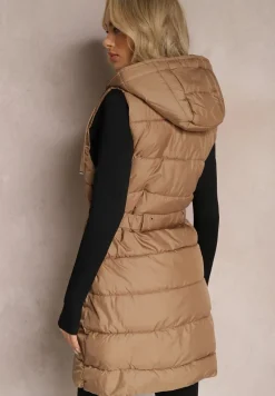 Ciemnobeżowa Pikowana Kamizelka Dwustronna z Troczkiem w Pasie o Wydłużonym Fasonie Selinorda