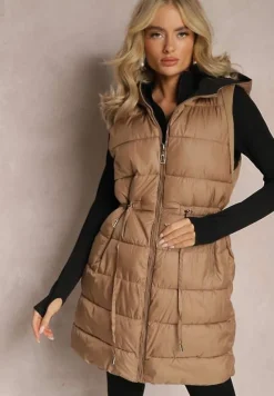 Ciemnobeżowa Pikowana Kamizelka Dwustronna z Troczkiem w Pasie o Wydłużonym Fasonie Selinorda