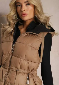 Ciemnobeżowa Pikowana Kamizelka Dwustronna z Troczkiem w Pasie o Wydłużonym Fasonie Selinorda