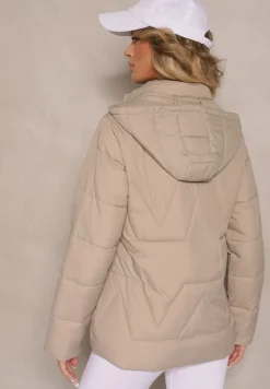 Ciemnobeżowa Pikowana Kurtka Przejściowa z Kapturem Silidi