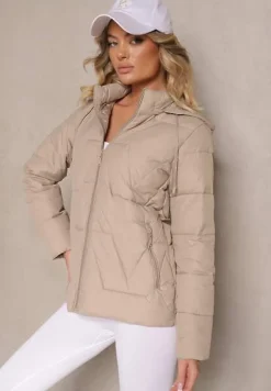 Ciemnobeżowa Pikowana Kurtka Przejściowa z Kapturem Silidi
