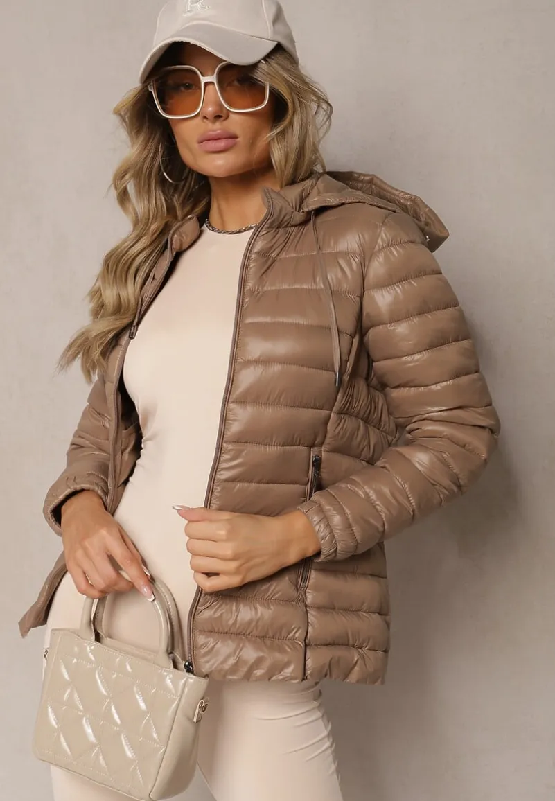 Ciemnobeżowa Pikowana Kurtka z Odpinanym Kapturem Telianna