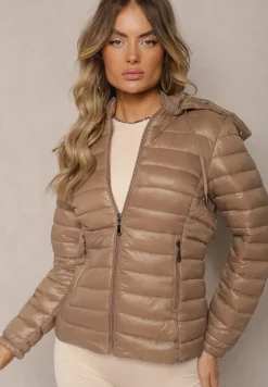 Ciemnobeżowa Pikowana Kurtka z Odpinanym Kapturem Telianna