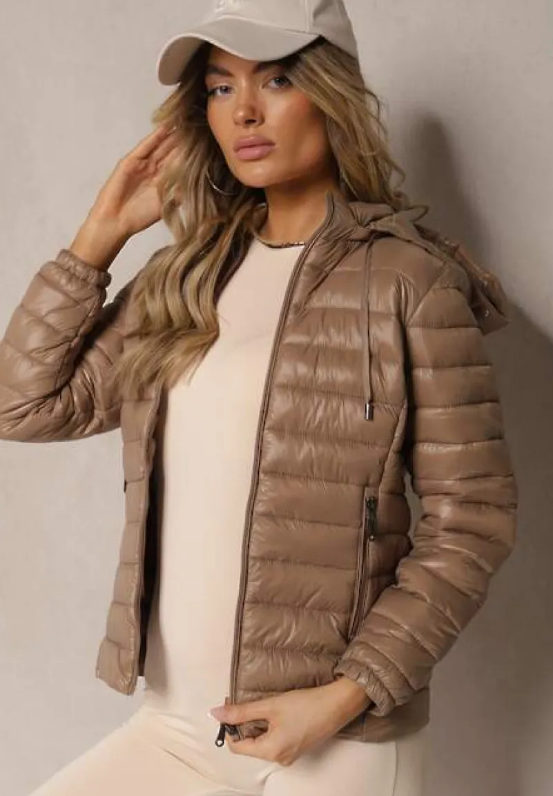 Ciemnobeżowa Pikowana Kurtka z Odpinanym Kapturem Telianna